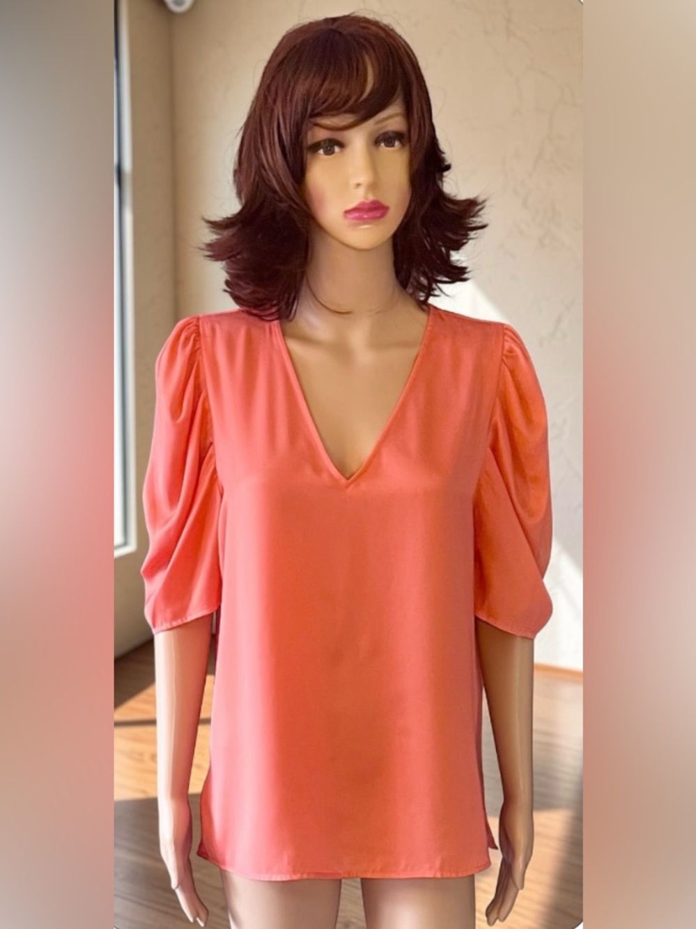 DKNY Women's Coral V-Neck Puff Sleeve Blouse